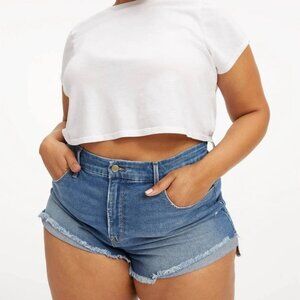 Good American Blue Curve 3" In Denim Shorts Stretch Distressed Raw Hem Women 22